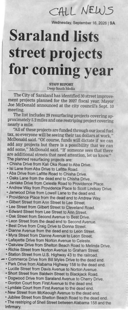 Saraland Lists Street Projects for the Coming Year